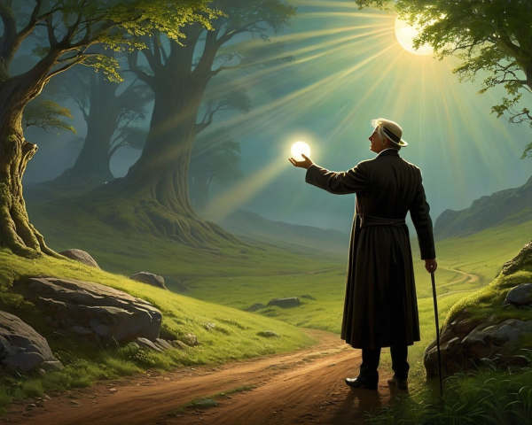 Figure on Winding Path with Glowing Orb in Nature