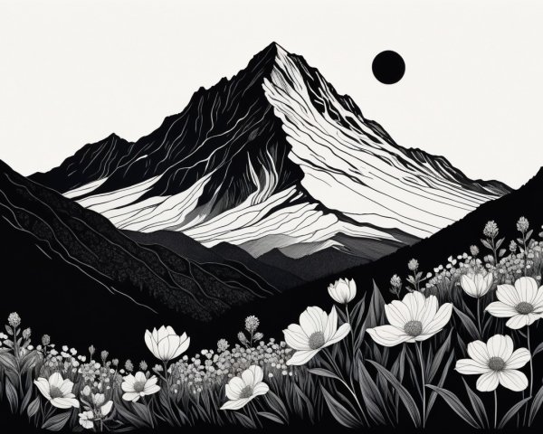 Black and White Mountain Landscape with Flowers and Sun