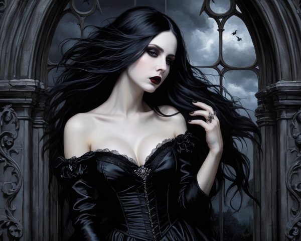 Gothic Figure in Black Dress by Ornate Archway