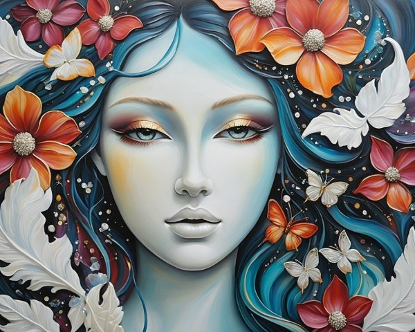 Portrait of a Woman with Pale Skin and Colorful Flowers