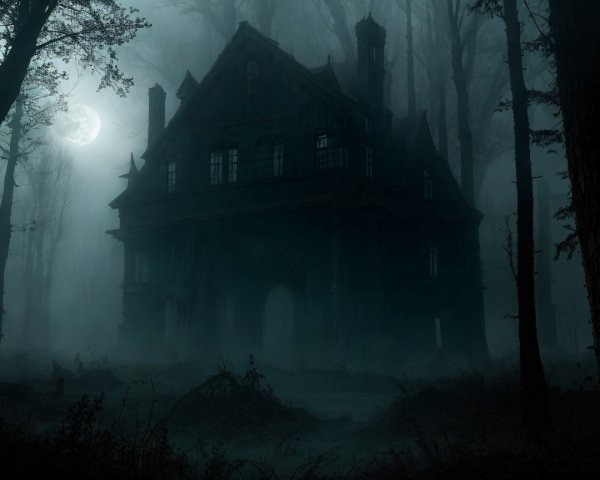 Haunting Mansion in Foggy Forest Under Full Moon
