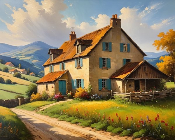 Rustic house with orange roof in serene countryside