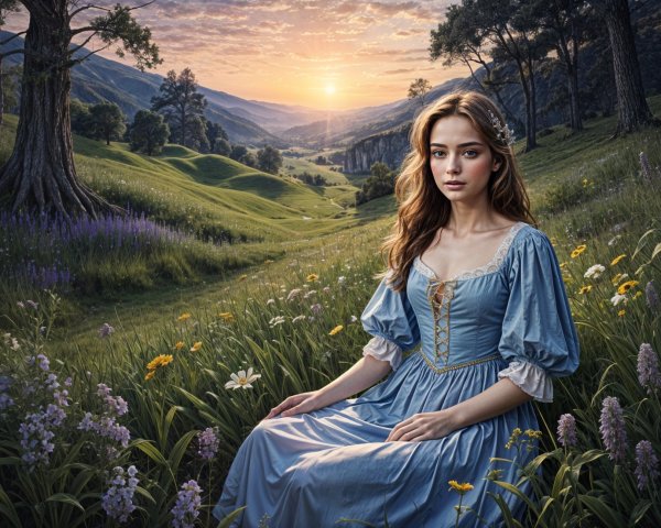 Young Woman in Vintage Dress in Lush Meadow at Sunrise