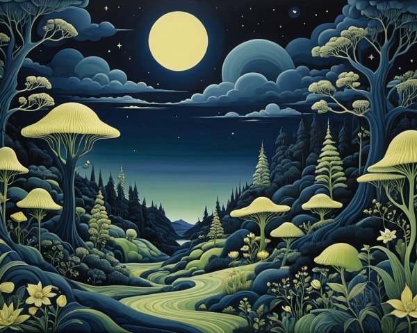 Whimsical Moonlit Landscape with Oversized Mushrooms