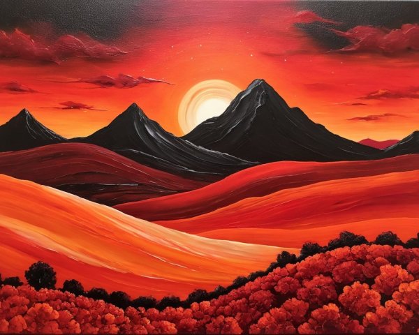 Vibrant Sunset Over Hills and Mountains with Foliage