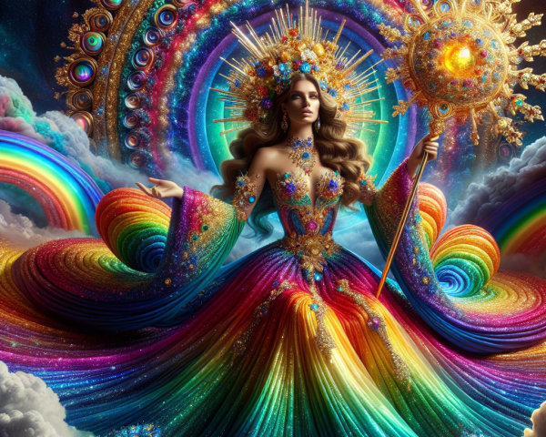 Majestic figure in rainbow gown with cosmic patterns