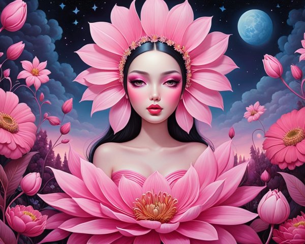 Mystical Figure Amidst Pink Lotus Flowers and Moonlight
