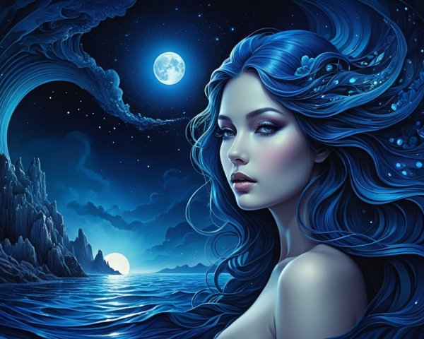 Mystical Scene of a Woman by the Ocean at Night
