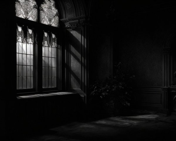 Dimly Lit Room with Ornate Windows and Shadows