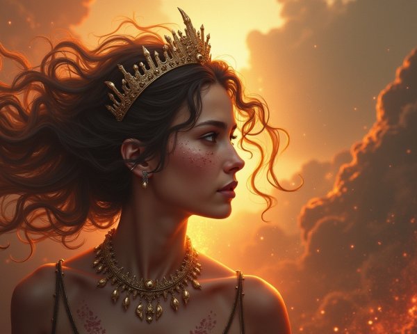 Regal Woman with Crown at Golden Sunset Background