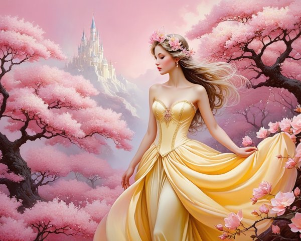 Serene Fantasy Scene with Young Woman and Cherry Blossoms