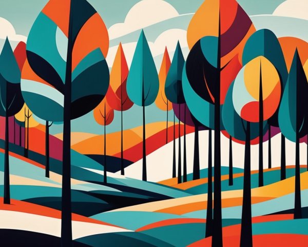 Vibrant Abstract Landscape with Colorful Trees and Hills