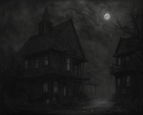 Dilapidated Houses Under a Full Moon at Night