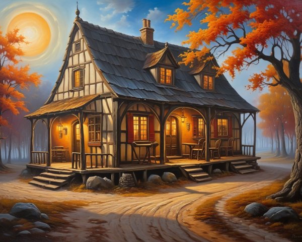 Rustic House in Vibrant Autumn Landscape