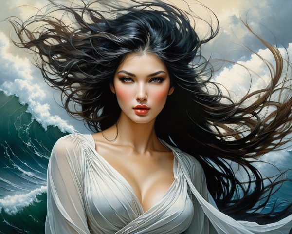 Striking Woman Amidst Tumultuous Sea and Sky