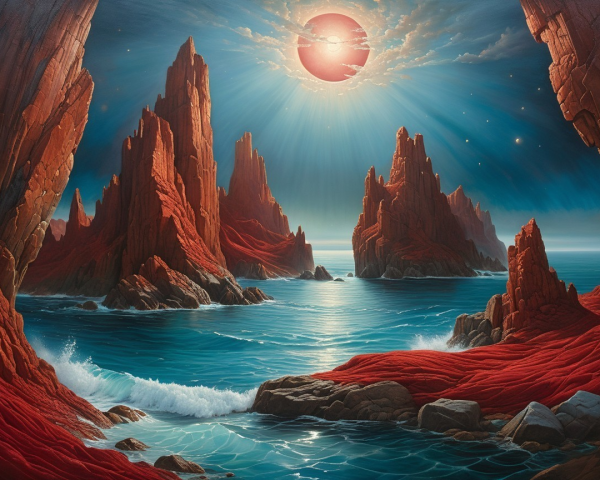 Surreal Landscape with Red Rocks and Blue Sea
