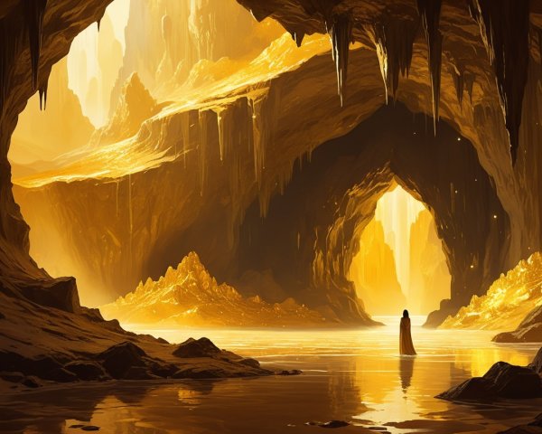 Majestic Cave Scene with Golden Light and Stalactites