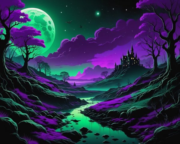 Vibrant Mystical Landscape with Stream and Castle