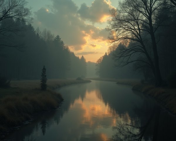 Serene Landscape with River and Sunset Reflection
