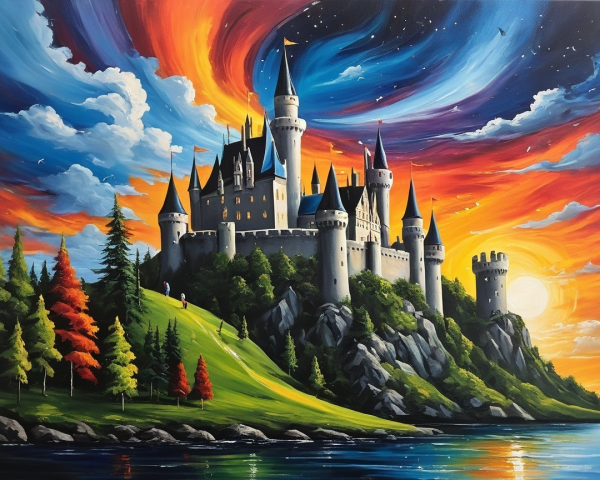 Majestic castle on a cliff with a shimmering lake view