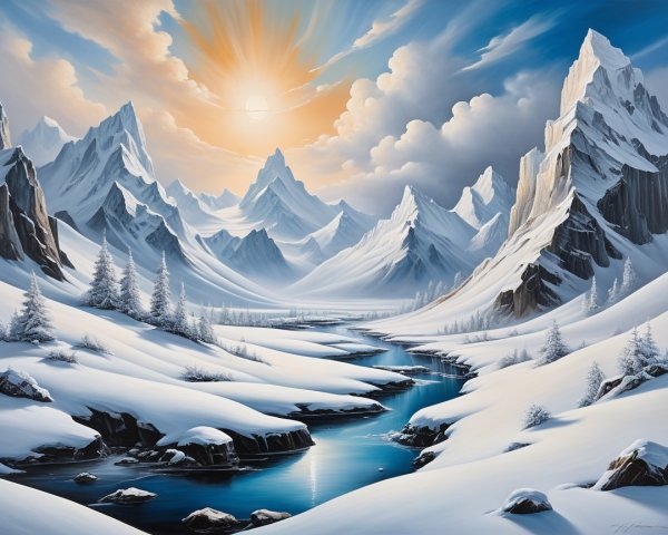 Winter Landscape with Snow-Capped Mountains and River