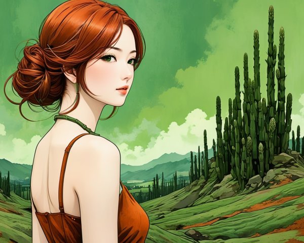 Serene Young Woman in Brown Dress Against Nature Background