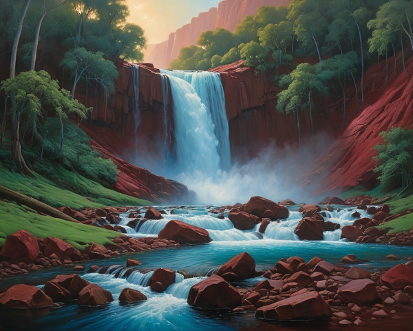 Majestic Waterfall Over Red Cliffs in Lush Landscape
