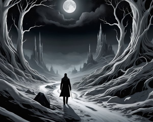 Lone Figure on a Winding Path in Eerie Landscape