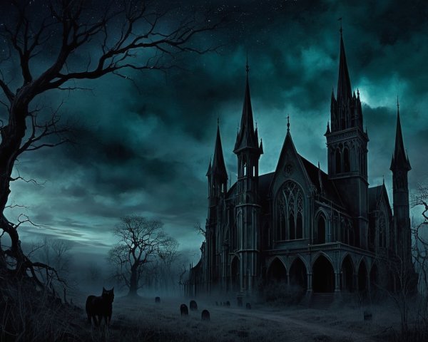 Gothic Castle Under Night Sky with Eerie Landscape