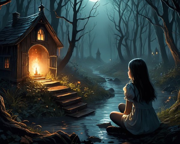 Enchanted Forest Scene with Cottage and Stream