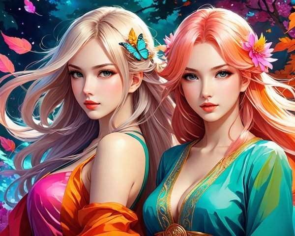 Enchanting Women in Colorful Attire in a Magical Forest