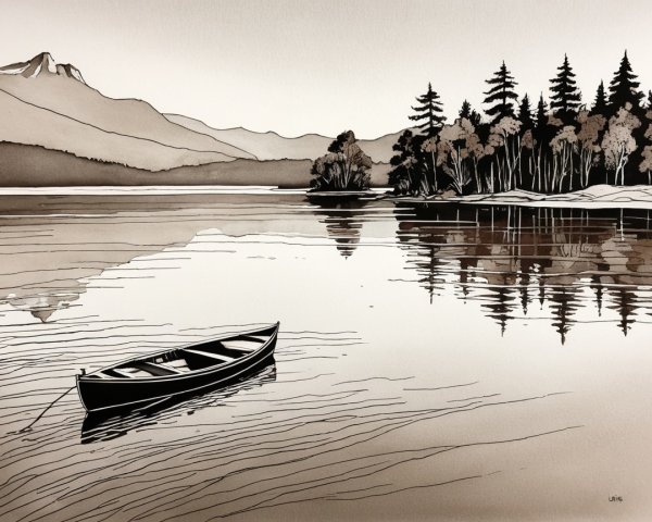 Tranquil Lake Landscape with Mountains and Boat