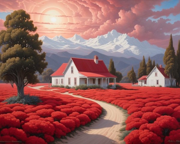 Charming White House in Scenic Flower Field at Sunset