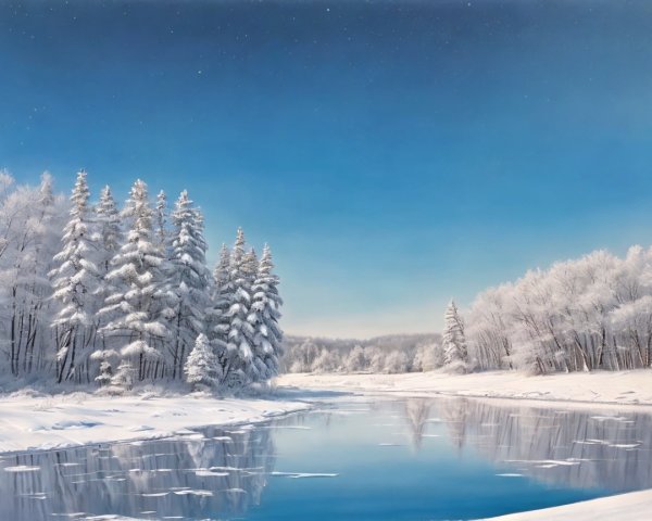 Serene Winter Landscape with Calm River and Snowy Trees