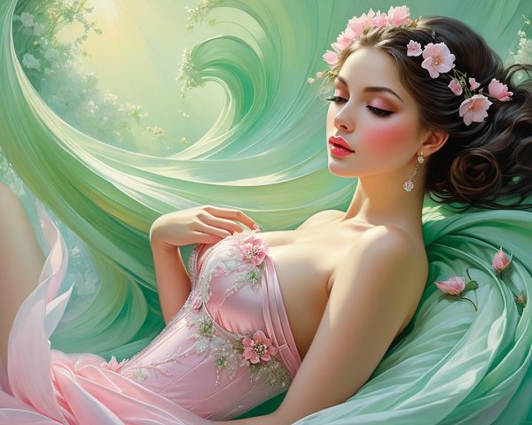Ethereal Woman in Pastel Pink Gown with Flowers