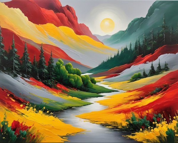 Vibrant Landscape Painting of Mountains and River