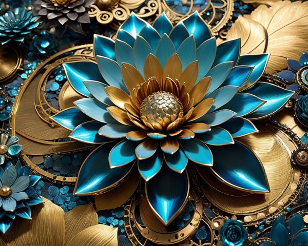 Decorative Composition of Blue and Gold Lotus Flower