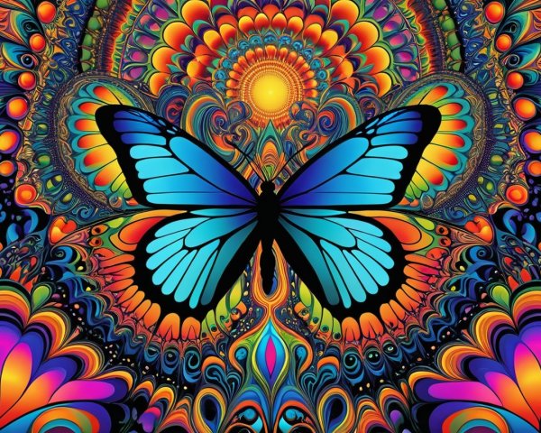 Psychedelic Artwork with Blue Butterfly and Swirling Patterns