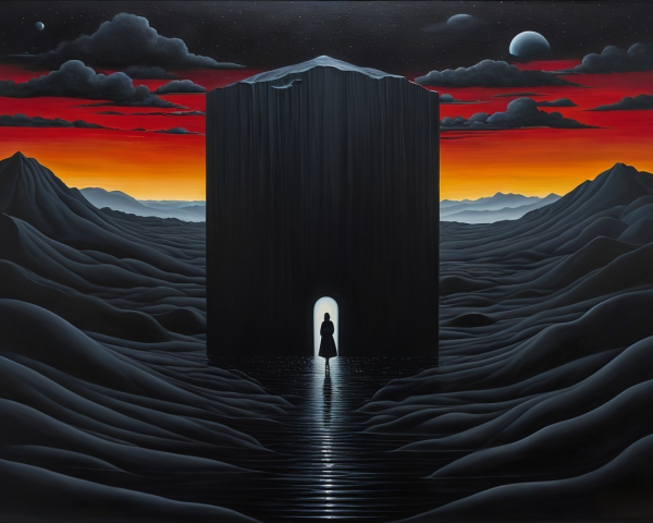 Solitary Figure and Black Monolith in Surreal Landscape