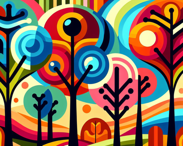 Vibrant Whimsical Landscape with Bold Colors and Shapes
