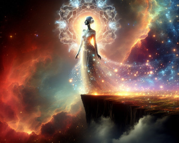 Cosmic Figure on Cliff with Stellar Gown and Nebulae