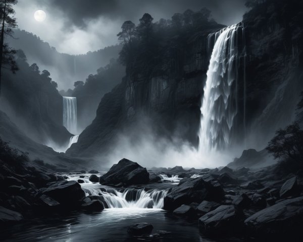 Black and White Landscape with Waterfalls and Moonlight