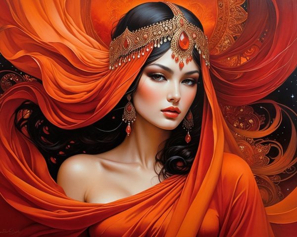 Portrait of a woman in vibrant red attire with headpiece