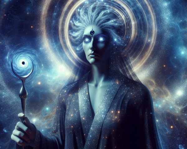 Mystical Figure with Cosmic Background and Staff