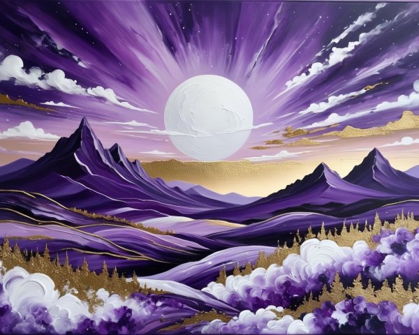 Vibrant Purple Mountains Under a Radiant Moon