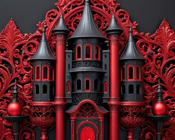 Ornate castle design in deep red and black colors