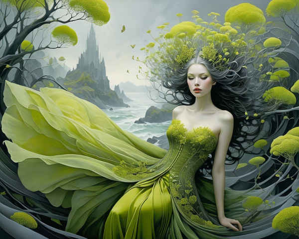Ethereal figure by serene shoreline with castle backdrop