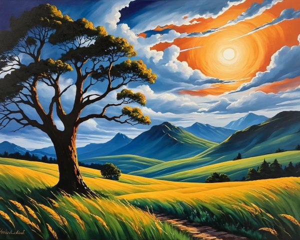 Vibrant Landscape with Tree at Sunset and Rolling Hills