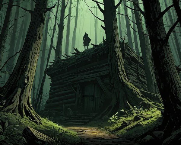Log Cabin in Shadowy Forest with Ambient Green Light