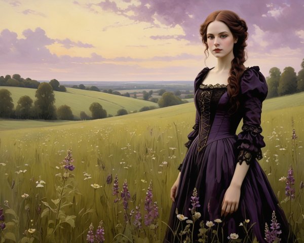 Young Woman in Purple Gown in Vibrant Meadow Scene